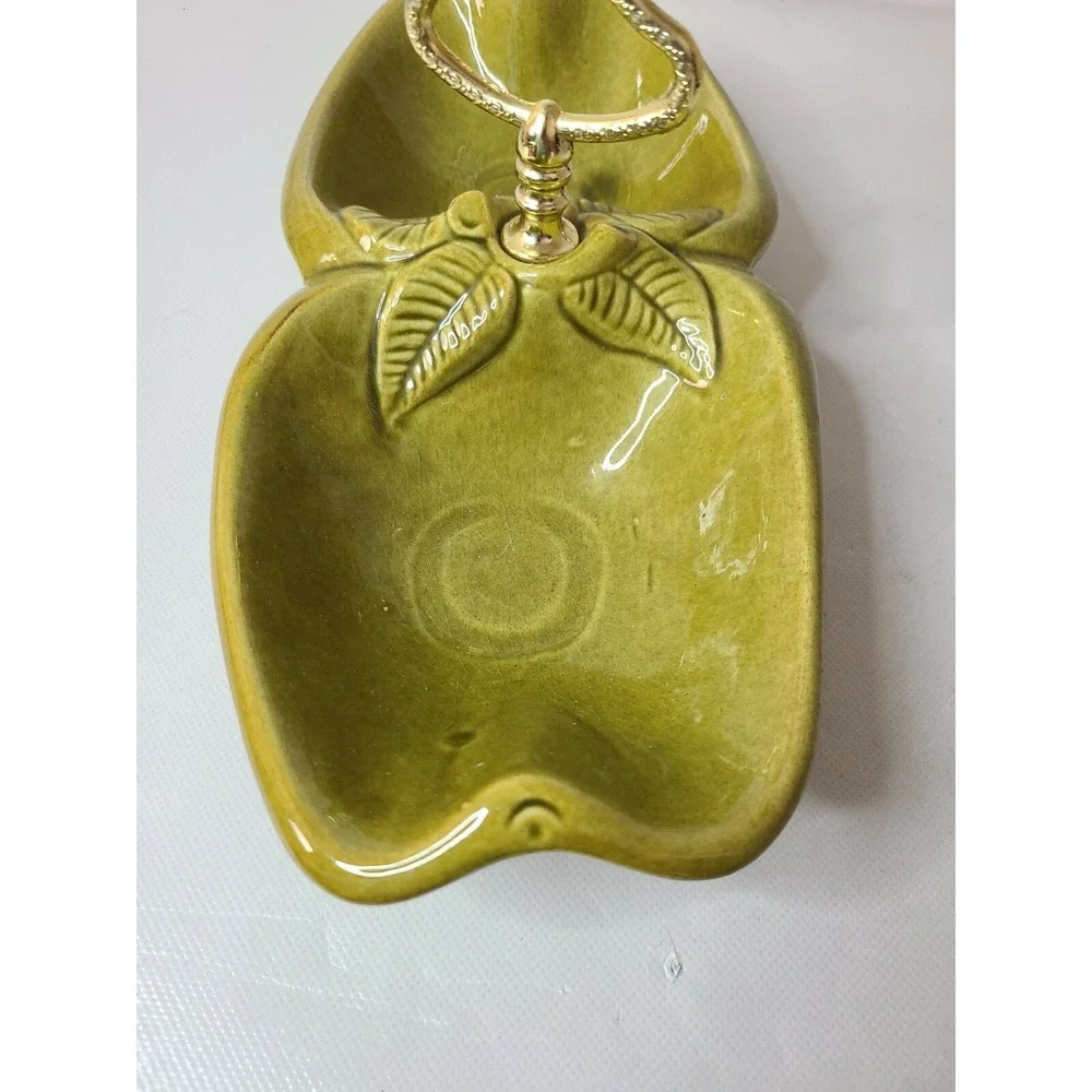 Vintage California Pottery Two Compartment Green Apple Serving Dish With Handle